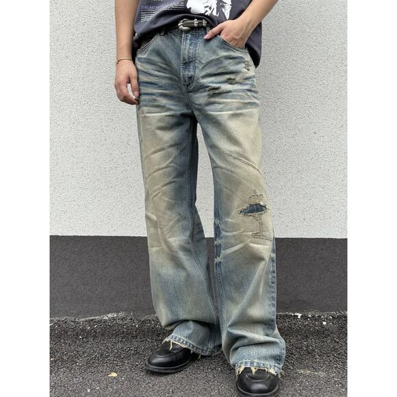 Japanese Other - Vintage Faded Wash Distressed Ripped Wide-leg Baggy Denim Jeans Pants Blue sz 31